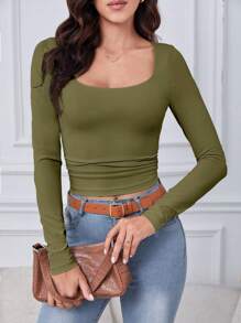 SHEIN Tall 女式方領緊身t卹 - 橄欖綠 - 查看 1