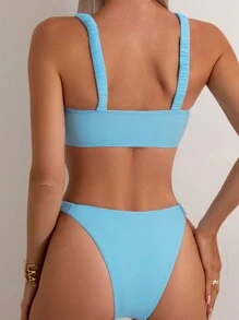 SHEIN Swim 女士蓝色比基尼套装，带正面蝴蝶结装饰，夏季海滩 - 淺藍色 - 查看 2