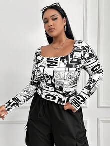 SHEIN EZwear Của phụ nữ Kích thước lớn In nghệ thuật pop Quần skinny Áo thun - Đen và trắng - Xem 5