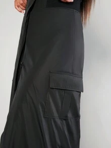 SHEIN Unity Flap Pocket Contrast Split Front Skirt - Black - View 8