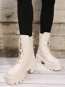 Của phụ nữ Đúng mốt Dày Chóp giầy tròn Giữa bắp chân Giày ống Với Dây kéo bên Và Mặt trước Ren In Mùa Thu /đông - Màu be - Xem 7