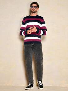 SHEIN Cottnline Men's Simple Striped Color Block Round Neck Sweater - Burgundy - View 7