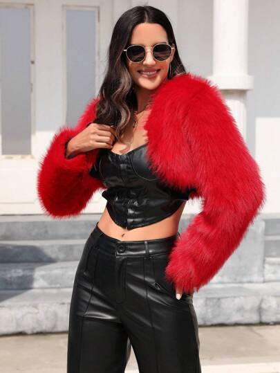 RELISH NOLESS 1pc Women's Fashion Red Fuzzy Front Open Cropped Jacket For Autumn