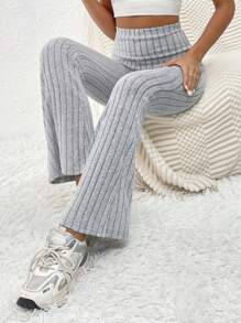 SHEIN Frenchy 女士寬鬆腰部條紋針織寬腿褲 - 灰色 - 查看 6