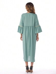 女式拼色刺绣圆领阿拉伯风格连衣裙 - 水鴨藍 - 查看 2