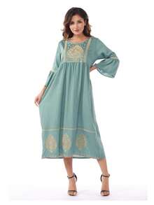 女式拼色刺绣圆领阿拉伯风格连衣裙 - 水鴨藍 - 查看 6