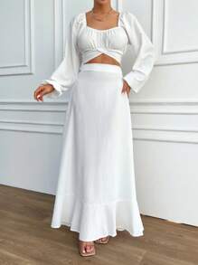 EURMUSE Top Corto Liso Con Mangas Farol Y Falda Con Dobladillo Con Volantes - Blanco - Ver 3