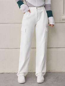 SHEIN LUNE Women'S Straight Cargo Denim Trousers - White - View 4