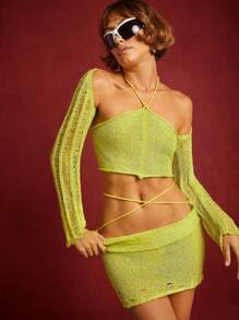 Hauture 針織露背上衣＆外套＆裙子一套 - 芥末黃 - 查看 1