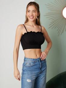 SHEIN TOP FRANZIDO ALÇAS FINAS COM BARRA ESLASTICO PRETO FEMININO - Black - View 4