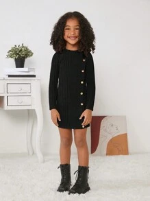 SHEIN Young Girl Solid Color Round Neck Long Sleeve Dress - Black - View 3