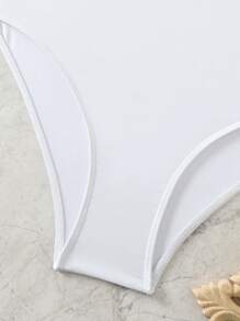 SHEIN Swim 夏季有领拼色连体泳衣 - 黑與白 - 查看 5