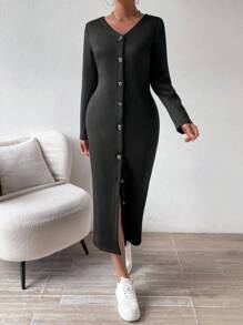 SHEIN Unity Solid Color Thermal Lined Button Front Dress