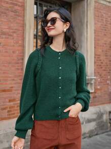 Dazy Star Solid Button Front Cardigan - Green - View 7