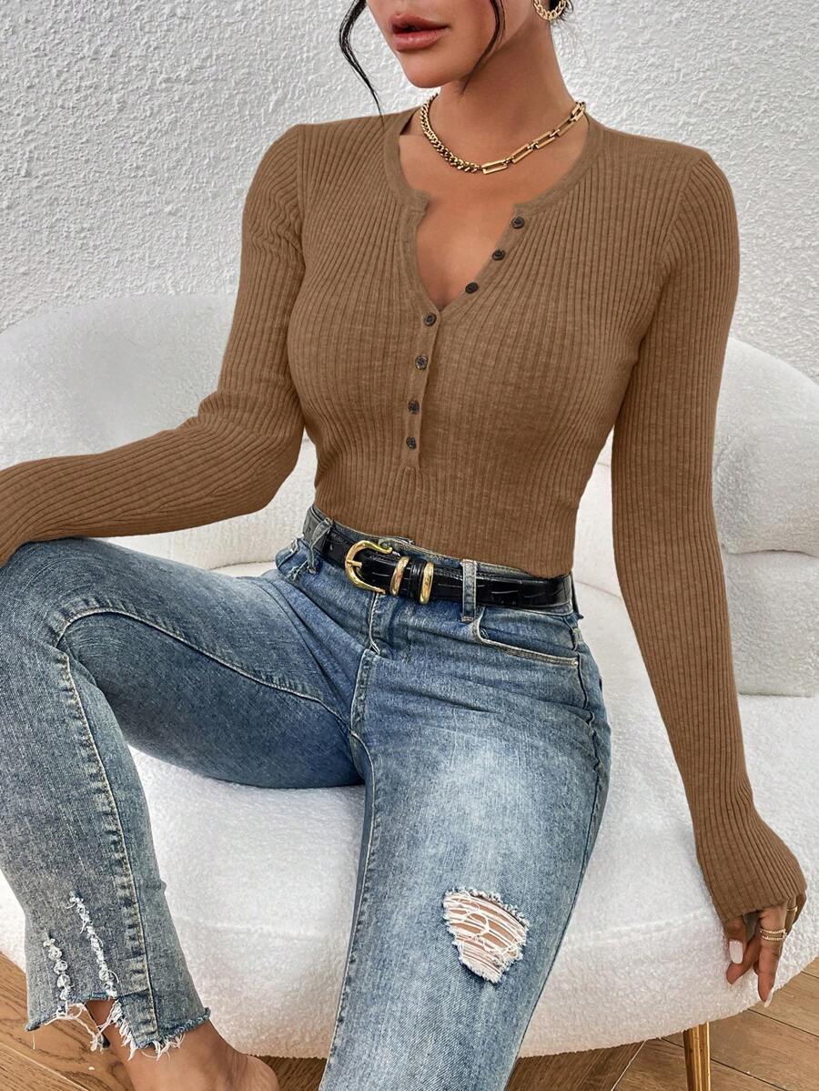 SHEIN Essnce 女款純色長袖毛衣 - 棕色 - 查看 1