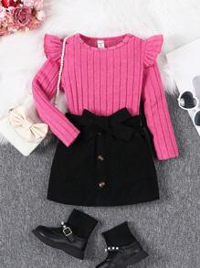 SHEIN Hàng mới đến Nhỏ bé Cô gái Dệt kim Sọc Áo Với Nơ Thắt lưng & Vải to sợi Váy Hai chiếc Bộ - Nhiều màu - Xem 6