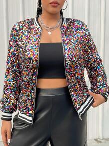SHEIN Essnce Women's Plus Size Sequin Baseball Jacket Winter Fall Autumn - Multicolor - View 4