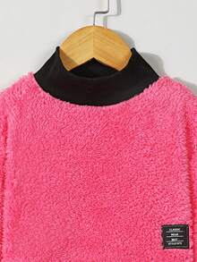 SHEIN Girls' High Neck Ribbed Detail Plush Cool Sweatshirt With Patch For Autumn And Winter - Hot Pink - View 4