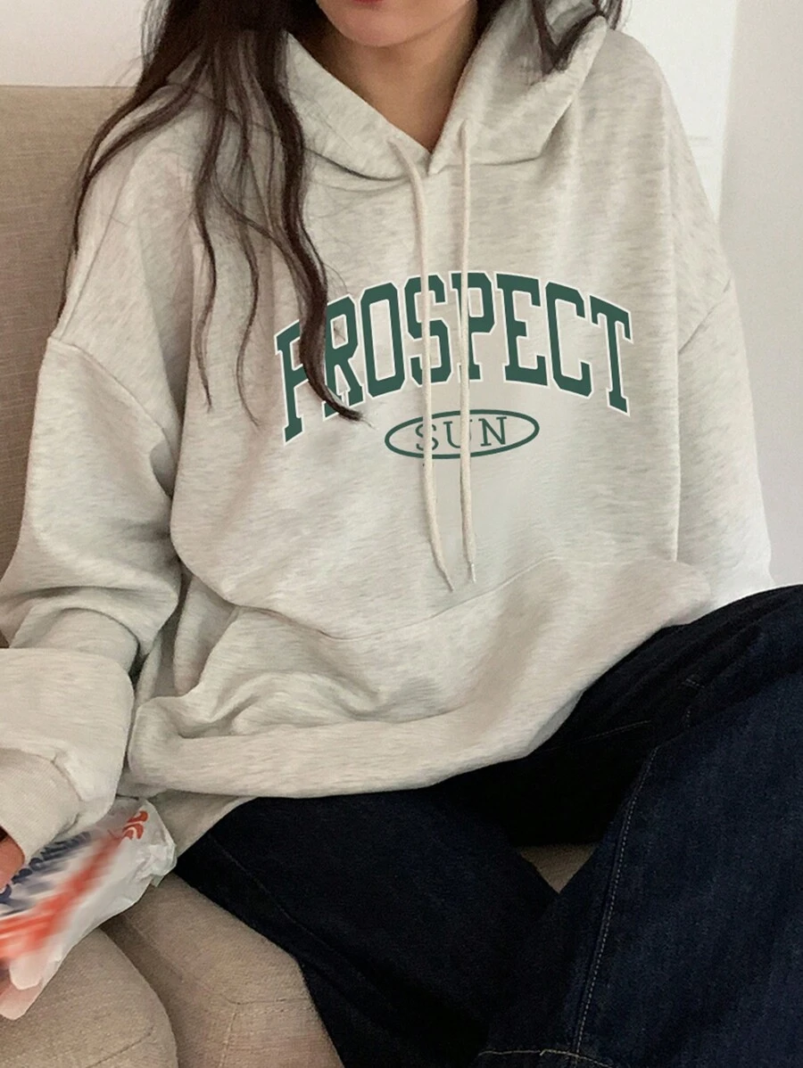 DAZY Letter Graphic Drop Shoulder Drawstring Hoodie - Grey - View 1