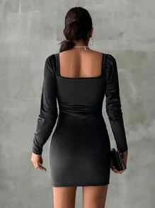 EURMUSE Hook And Eye Square Neck Bodycon Dress - Black - View 2