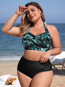 SHEIN Swim Curve 夏季海滩大码比基尼套装带吊带和叶子图案 - 彩色 - 查看 4