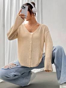 SHEIN Unity Áo len nữ trễ vai cài cúc thông thường và đa năng - Màu Khaki - Xem 7