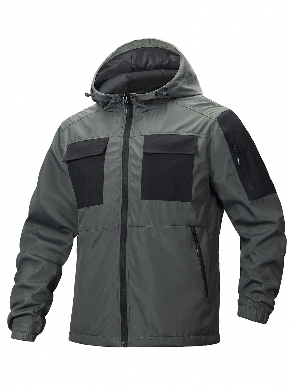 Loose Fit Color Block Men's Hooded Jacket With Flap Pockets, Drawstring And Thermal Lining