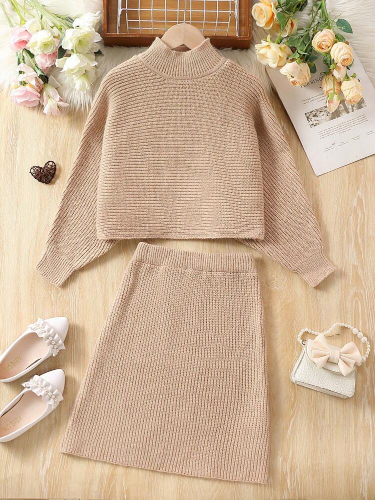 Tween Girl Mock Neck Solid Sweater & Knit Skirt