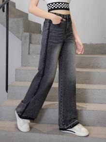 Tween Girls' Leisure Fashionable Vintage Frayed Straight Washing Jeans - Black - View 4