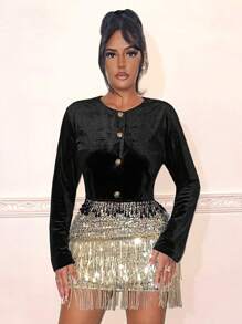 SHEIN SXY Ladies' Long Sleeve Jacket With Tassel Hem And Metal Buttons - Black - View 4