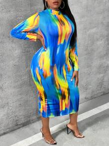 Slaydiva Plus Tie Dye Mock Neck Bodycon Dress - Multicolor - View 4