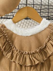 SHEIN Nhỏ bé Cô gái Cổ tròn Đầm Với Ruffled Trang trí - Màu Khaki - Xem 4