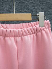 SHEIN Tween 女孩 PU 拼布短款粉色棒球夹克和粉色运动裤两件套服装 - 粉色 - 查看 7