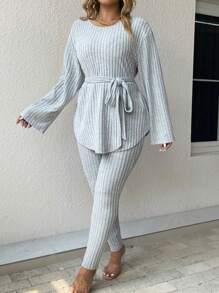 SHEIN LUNE Plus Size Cropped Top And Flared Pants Set With Ribbed Design - Light Grey - View 1