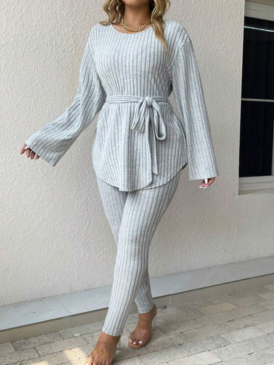SHEIN LUNE Plus Size Cropped Top And Flared Pants Set With Ribbed Design - Light Grey - View 1