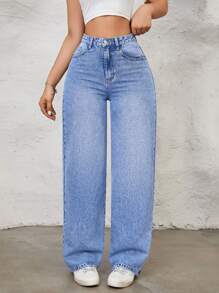 SHEIN ICON 女性牛仔褲帶口袋 - 中等水洗藍 - 查看 5