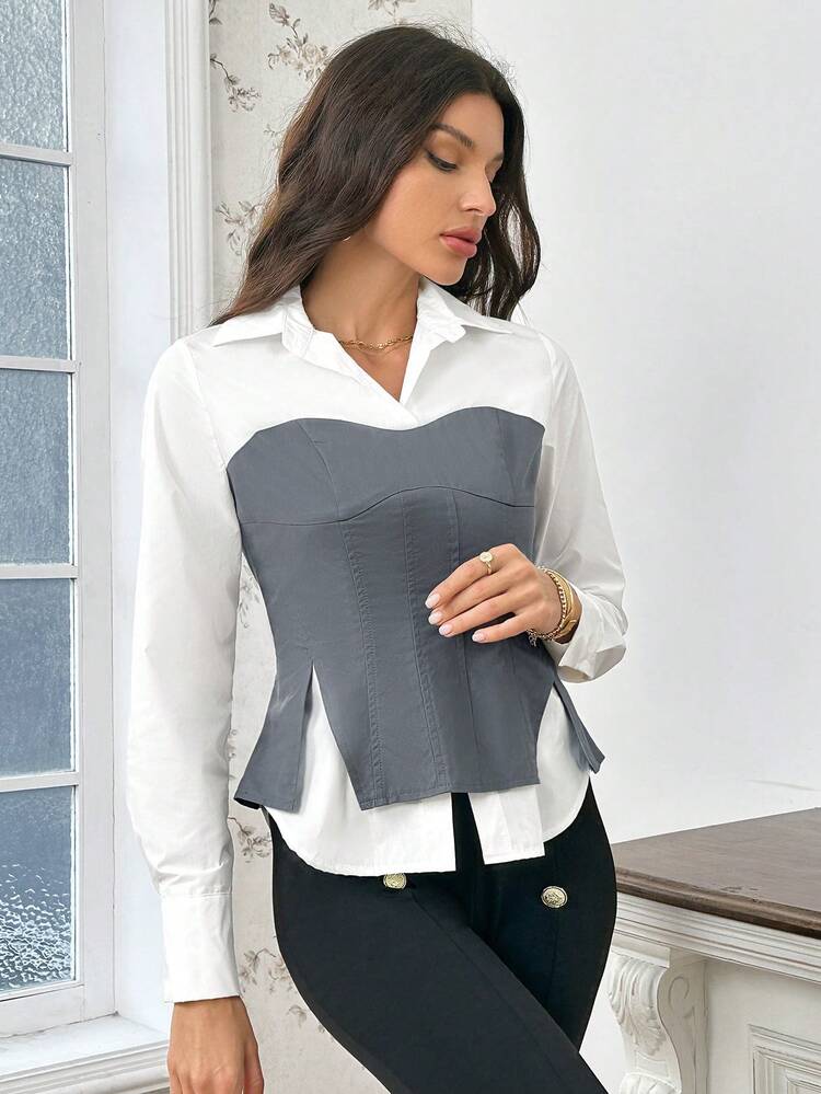 Women's Crop Top With Contrast Collar And 2 In 1 Shirt Design