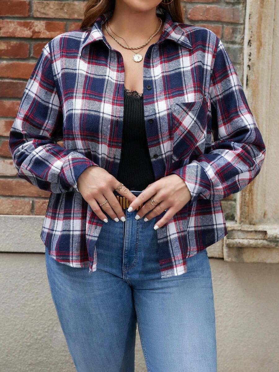 SHEIN LUNE Talla grande Camisa de cuadros con retazo con bolsillo - Multicolor - Ver 1