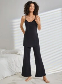 Ocili Leisure Soft And Smooth Solid Color Long Home Pants - Black - View 5