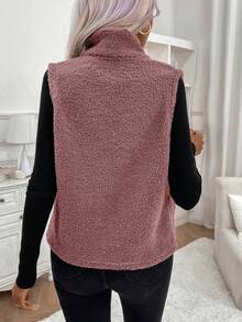 SHEIN LUNE Dây kéo mặt trước Len Lông cừu Áo vest - Hồng - Xem 2