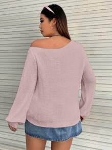 SHEIN EZwear Hơn Cổ không đối xứng Áo len - Hồng - Xem 2