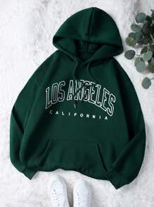SHEIN EZwear 女款深綠色字母印花連帽衫 - 墨綠色 - 查看 1