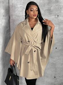 Slaydiva 大碼斗篷袖雙排釦腰帶披肩風衣外套 - 卡其色 - 查看 4
