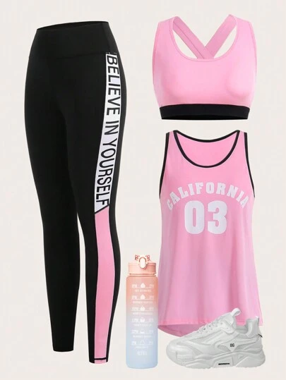 SHEIN Cheerettes 女士数码印花健身运动服套装健身房服装健身服健身女士套装女士紧身裤套装