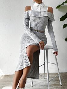 SHEIN Privé 冷肩設計，下擺劈片設計的2合1連衣裙 - 灰色 - 查看 6