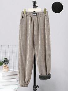 SHEIN Cậu bé Tween In kẻ sọc Lót nhiệt Quần - màu nâu - Xem 1