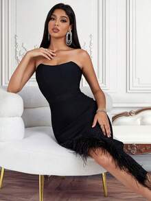 Asymmetric Fluffy Patchwork Form-Fitting Dress - Black - View 6