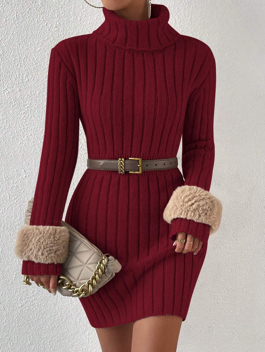Chiquease 修身羅紋高領毛衣洋裝(不含腰帶) - 紅色 - 查看 1