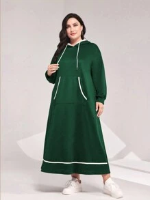 Mulvari Kích thước lớn Túi kangaroo Dây rút áo có mũ Thả vai Đầm nỉ - màu xanh lá - Xem 1