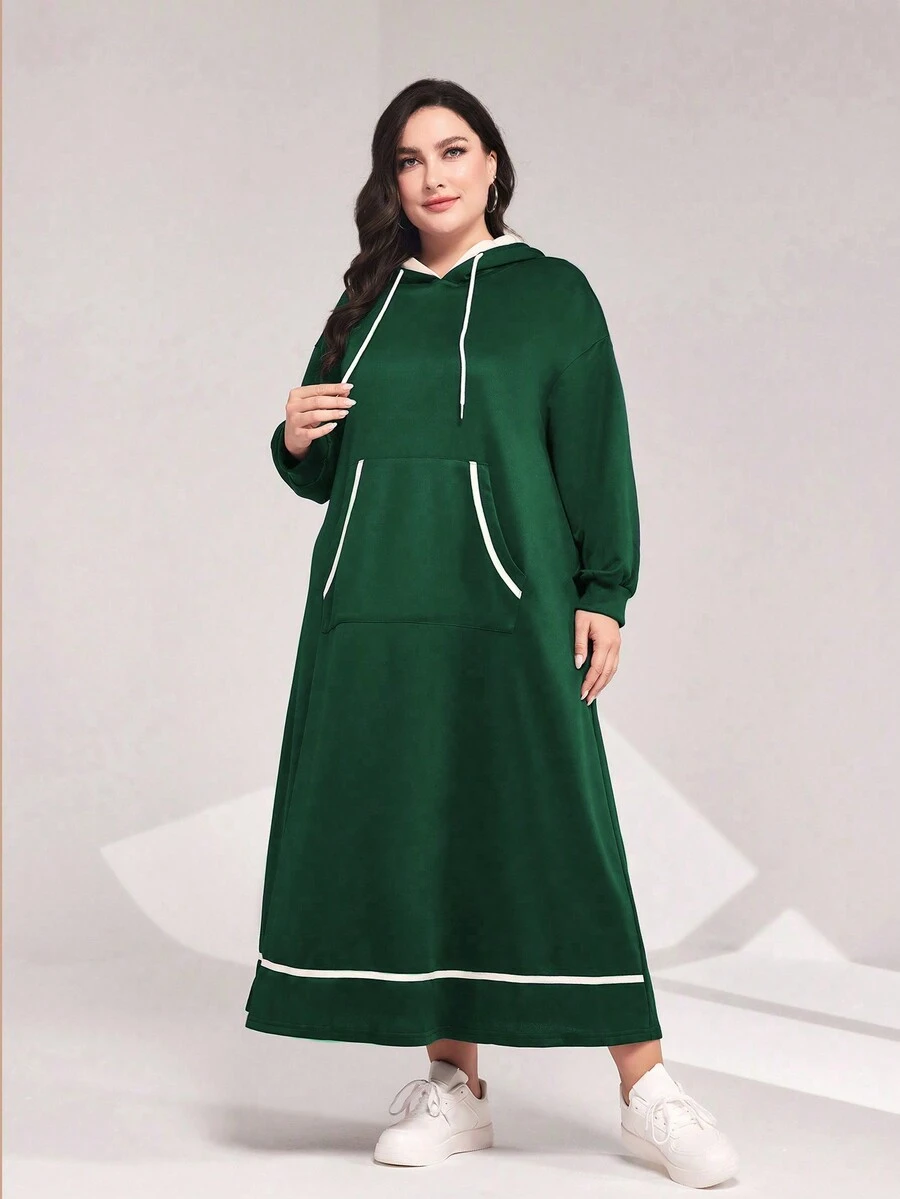 Mulvari Kích thước lớn Túi kangaroo Dây rút áo có mũ Thả vai Đầm nỉ - màu xanh lá - Xem 1